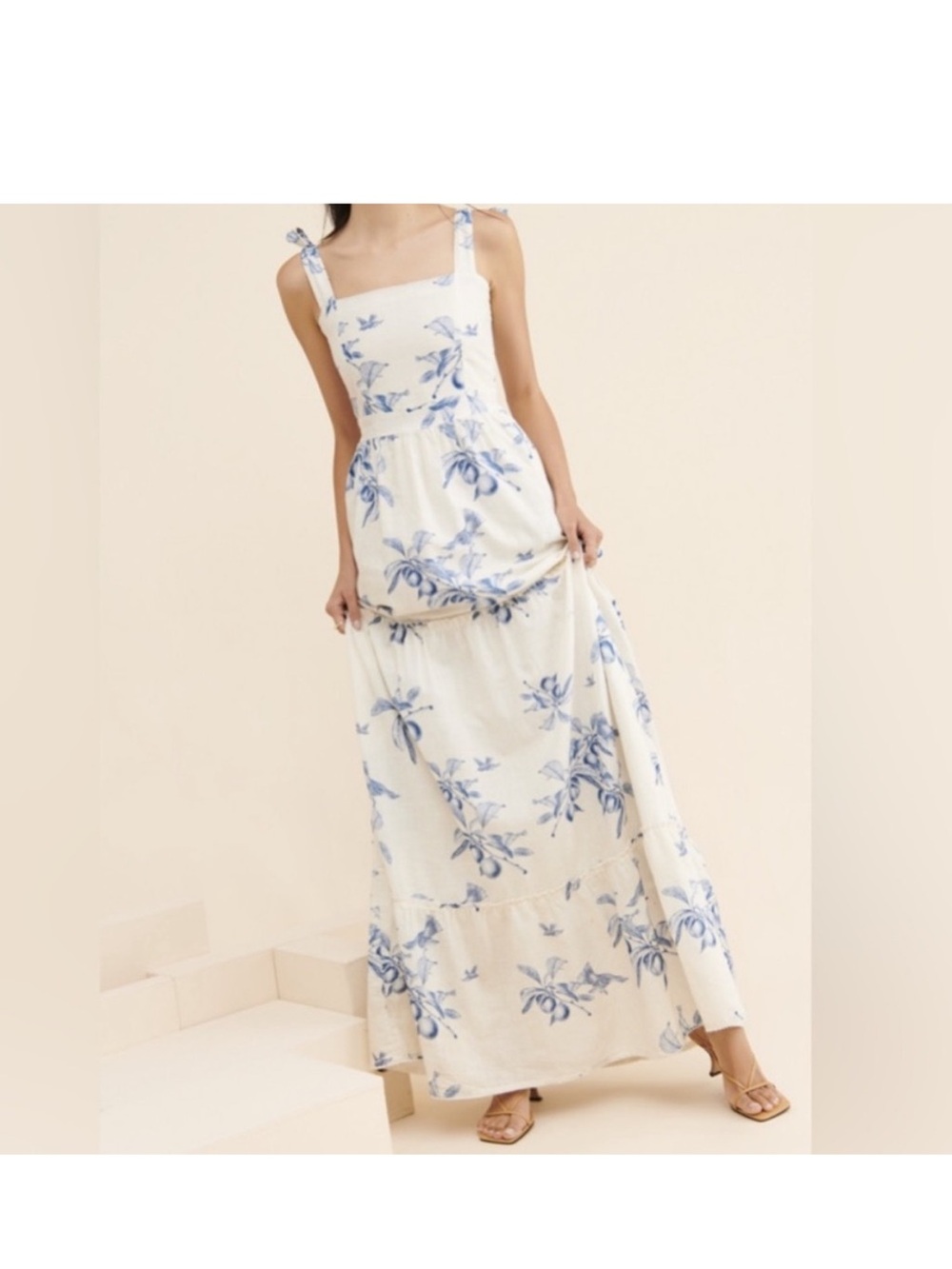Agua Bendita for Anthropologie White Maxi Dress with Blue Floral Print